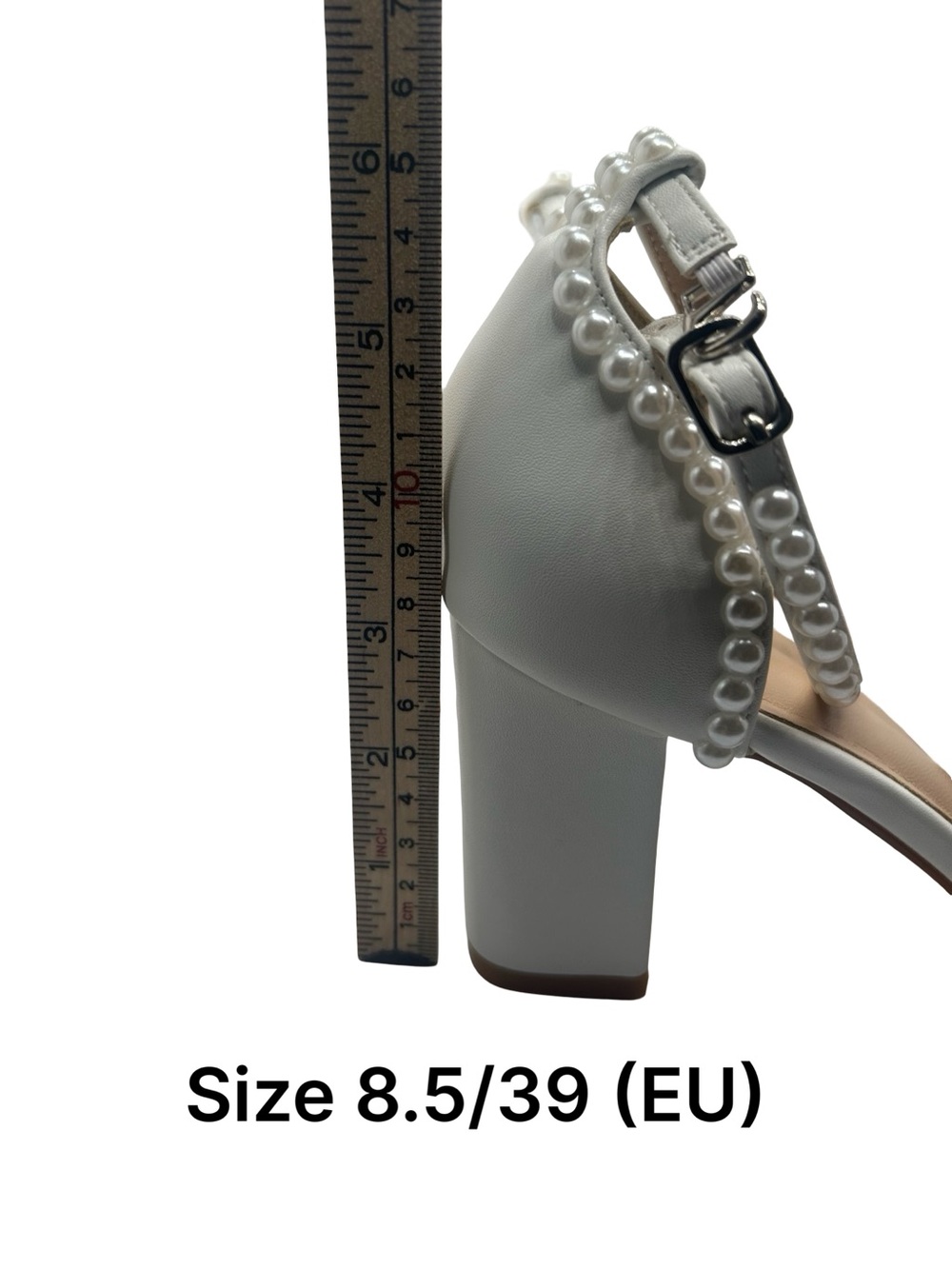 Elegant Pearl-Trim White Block Heel Pumps - Picture 3 of 4